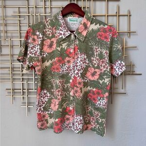 Shenanigans Floral Tropical Leopard Print Button Up Shirt Small